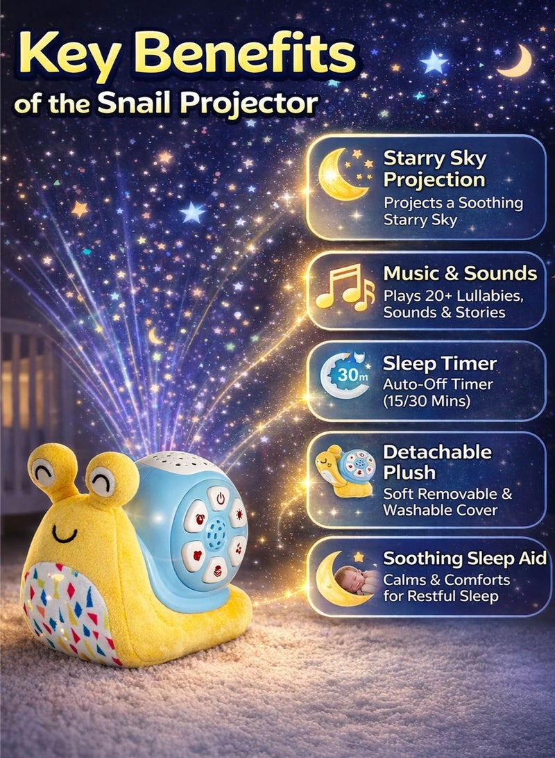 Oobidoo Snail Projector with Light and Sound for Babies and Toddlers, Baby Night Light Projector, Star Projection Lamp, Music and Story Sound Machine, Plush Sleep Soother, Detachable Washable Snail Toy, Nursery Bedtime Sleep Aid 18+ Months - Image 2