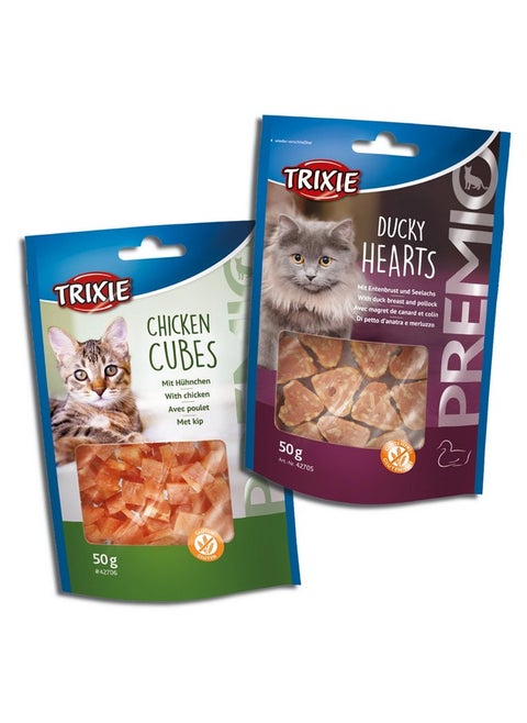 Cat Treat Combo Of Premio Ducky Hearts And Premio Chicken Cubes, Nutrient Rich Treats For Cats, Suitable For All Breeds - (Pack Of 2)