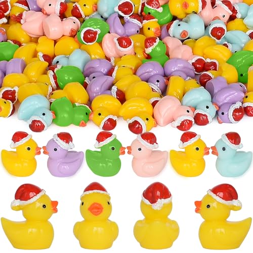 Yuronam 70 Pcs Tiny Christmas Ducks Mini Resin Ducks Miniature Ornaments for Slime Dollhouse Garden DecorationChristmas Hat Mixed Duck - Image 1