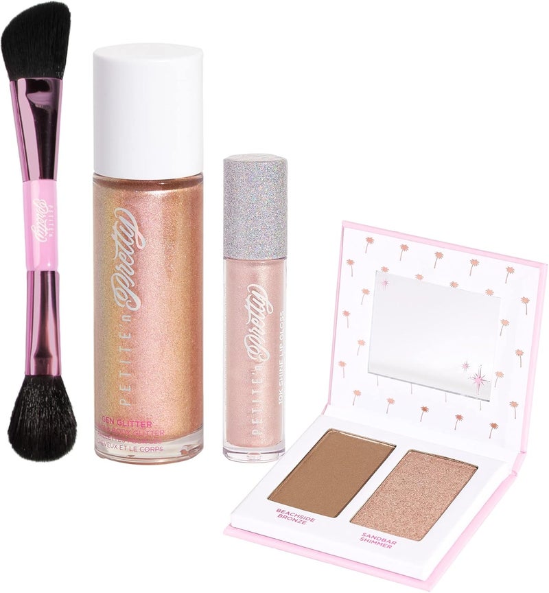 Petite 'N Pretty Petite n Pretty Makeup Set for Kids Gold  Face  Body Makeup for Kids Tweens Teens  Highlighter Body Shimmer Glitter Lip Gloss Makeup Brush Made in the USA 