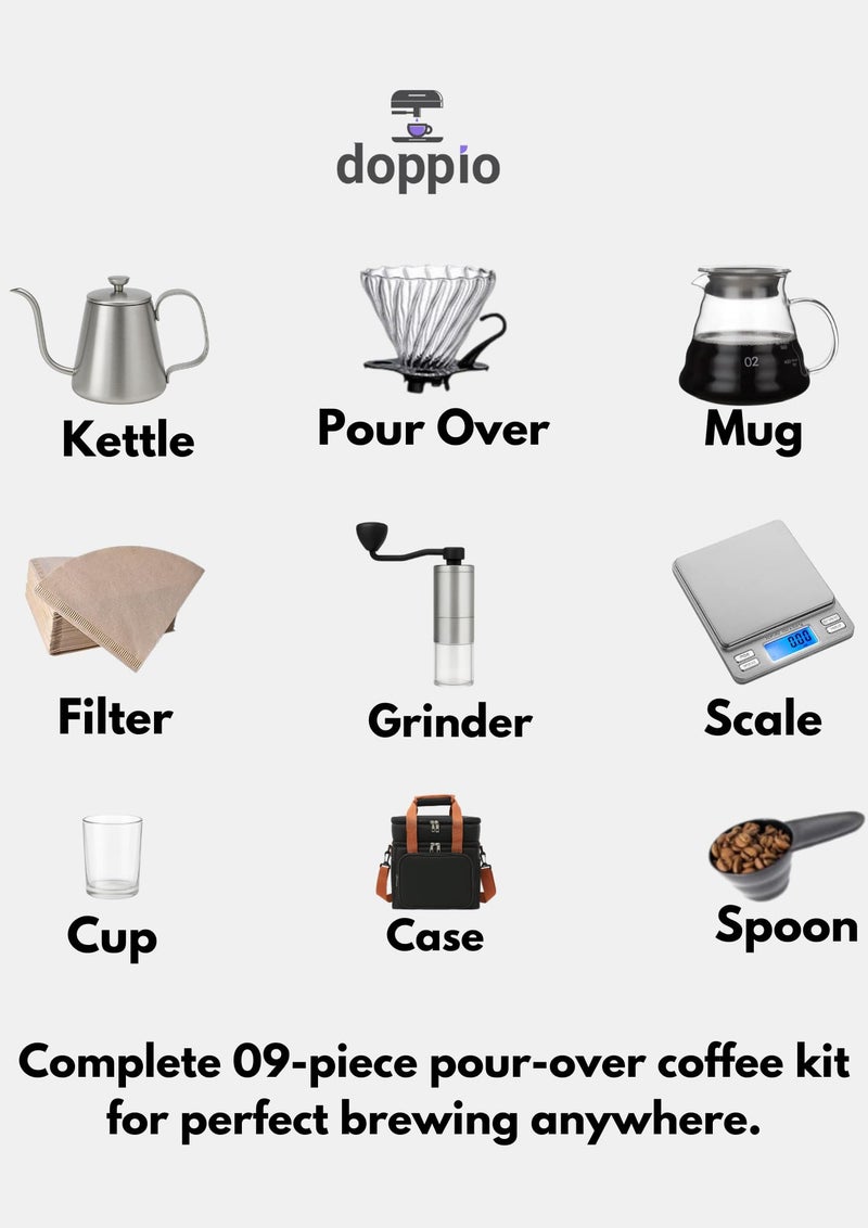 DOPPIO Premium Pour Over Coffee Maker Set – 8-Piece Home Barista Kit with Gooseneck Kettle, Dripper, Filter & Travel Bag | Manual Brewing Set for Fresh & Flavorful Coffee Anywhere - Image 3