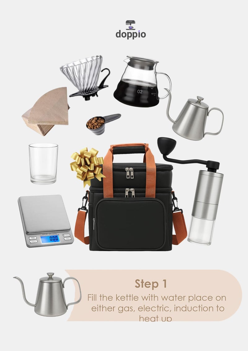 DOPPIO Premium Pour Over Coffee Maker Set – 8-Piece Home Barista Kit with Gooseneck Kettle, Dripper, Filter & Travel Bag | Manual Brewing Set for Fresh & Flavorful Coffee Anywhere - Image 4