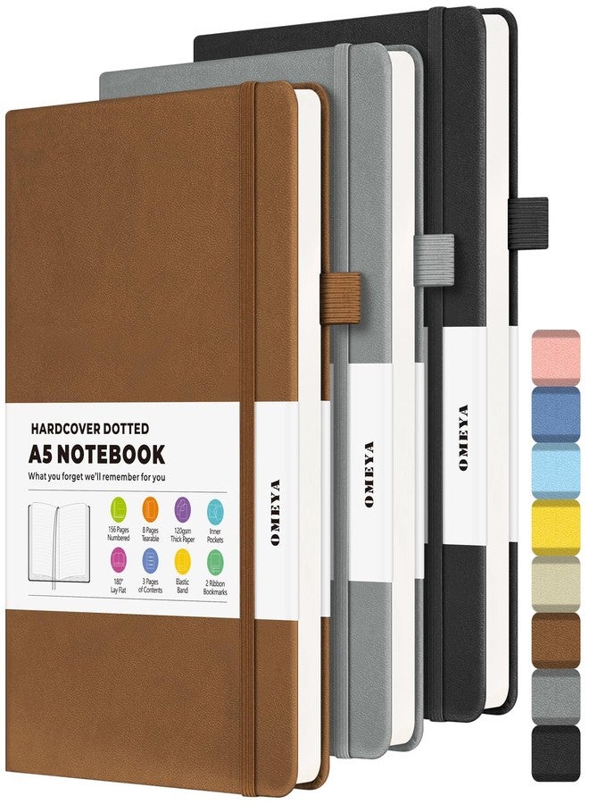 OMEYA Bullet Dotted Journal Notebook 3 Pack, A5 Dotted Journal with 120gsm Paper, Leather Dotted Notebook, Hardcover Dot Grid Notebook Each with 156 Nmubered Pages, Dot Journal for Women, Men 5.75" × 8.38" - Image 1