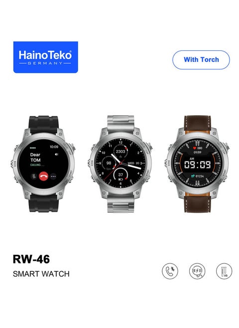 Haiino Teko Germany RW46 Roundshape AMOLED Display Smart Watch With Built inTorch 3 Pair Straps and Wireless Charger Designed For Gents and Boys Silver
