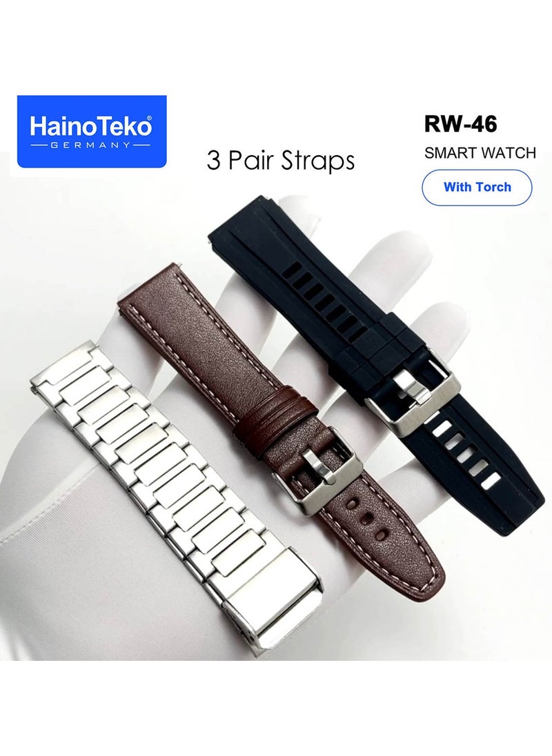 Haino Teko - Haiino Teko Germany RW46 Roundshape AMOLED Display Smart Watch With Built inTorch 3 Pair Straps and Wireless Charger Designed For Gents and Boys Silver - Image 1