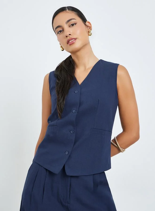 Styli Navy Blue Sleeveless Waistcoat and Pants Co-Ords