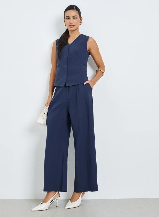 Styli Navy Blue Sleeveless Waistcoat and Pants Co-Ords