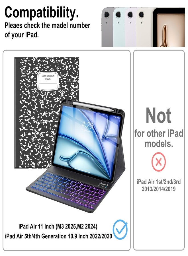 Supveco جراب لوحة مفاتيح Supveco لجهاز iPad Air مقاس 11 بوصة (M3 2025، M2 2024)، الجيل الخامس/الرابع من iPad Air مع حامل قلم - غطاء لوحة مفاتيح لاسلكي قابل للفصل بإضاءة خلفية بسبعة ألوان مع ظهر من مادة TPU الناعمة - أسود - Image 3