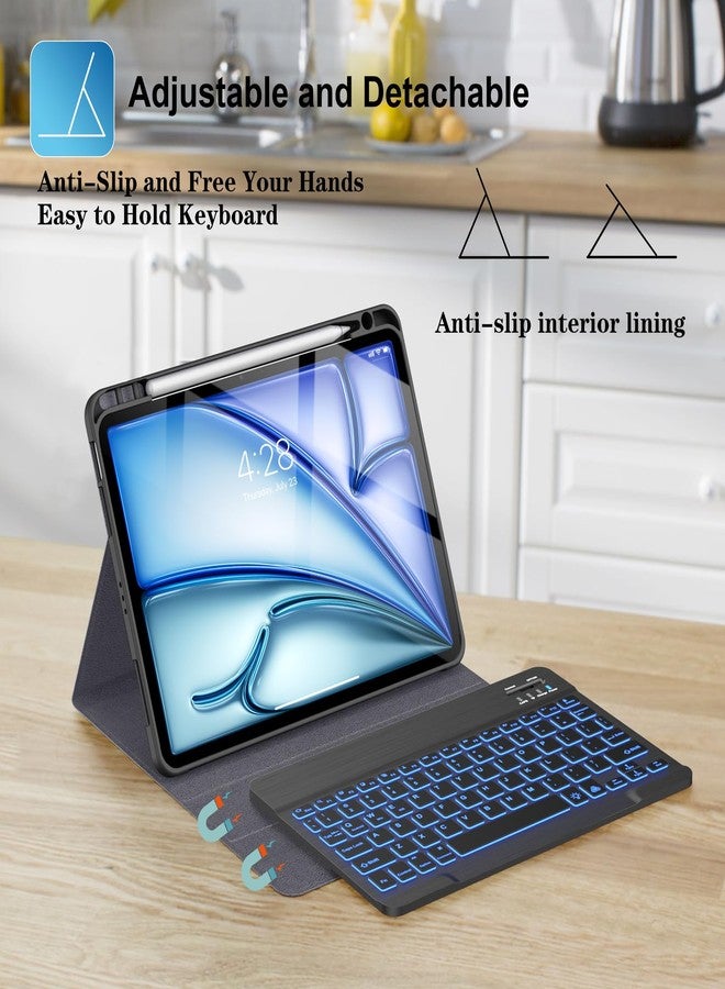 Supveco جراب لوحة مفاتيح Supveco لجهاز iPad Air مقاس 11 بوصة (M3 2025، M2 2024)، الجيل الخامس/الرابع من iPad Air مع حامل قلم - غطاء لوحة مفاتيح لاسلكي قابل للفصل بإضاءة خلفية بسبعة ألوان مع ظهر من مادة TPU الناعمة - أسود - Image 5