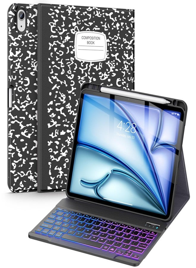 Supveco جراب لوحة مفاتيح Supveco لجهاز iPad Air مقاس 11 بوصة (M3 2025، M2 2024)، الجيل الخامس/الرابع من iPad Air مع حامل قلم - غطاء لوحة مفاتيح لاسلكي قابل للفصل بإضاءة خلفية بسبعة ألوان مع ظهر من مادة TPU الناعمة - أسود - Image 1