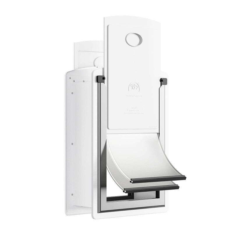 Decormax Cat Door for Wall, Energy Efficient Pet Door with Steel Frame, Telescoping Tunnel, Double Magnetic Flaps and Two Sliding Lock Panels, Easy to Install, Milky White, Small - Image 1