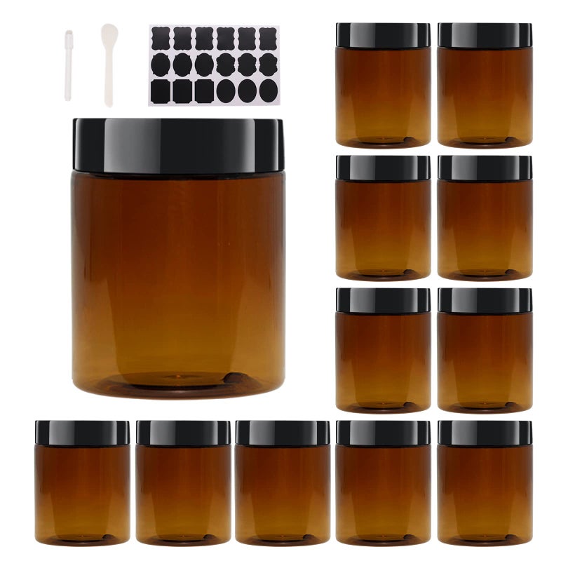 zmybcpack zmybcpack 12 Pack 8 OZ Amber Plastic Jars With Black Lids, 6 Spatula, A Pen & Labels - Plastic Slime Jars Storage Travel Jars for Cosmetics, Cream, Gel  - Image 1