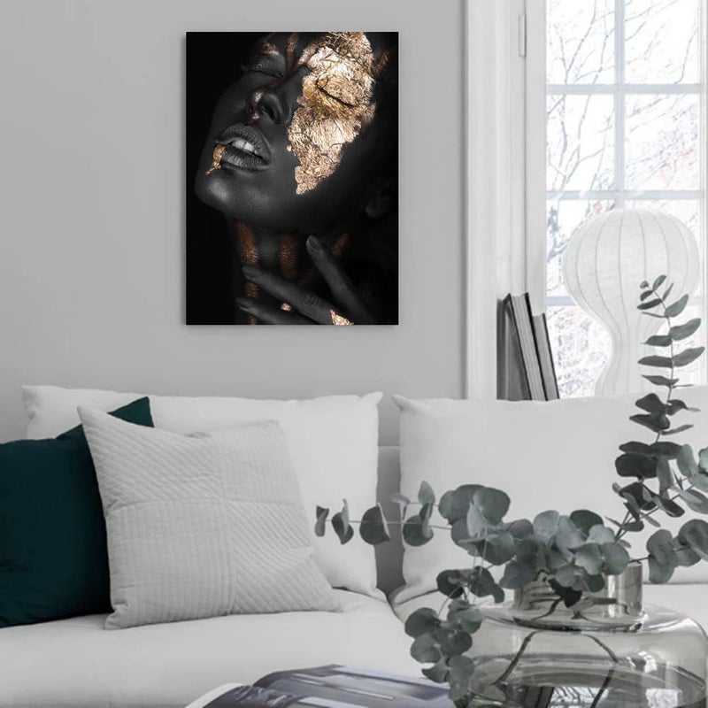 HYFBH Black Girl Wall Art Canvas Print Framed Abstract Gold and Black Woman African American Paintings for Living Room Bedroom Black Art Wall Decor Pictures Artworks 16”x24” - Image 2