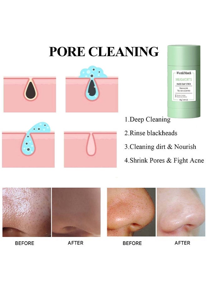West&Month - Mugwort Acne Clay Stick, Mugwort Anti Pores And Acne Clay Mask, Cleansing Mask Mud Mask For Men And Women, Moisturizing Oil Control Shrink Remove Blackheads, Shrink Pores, Improve Skin Tone - Image 1