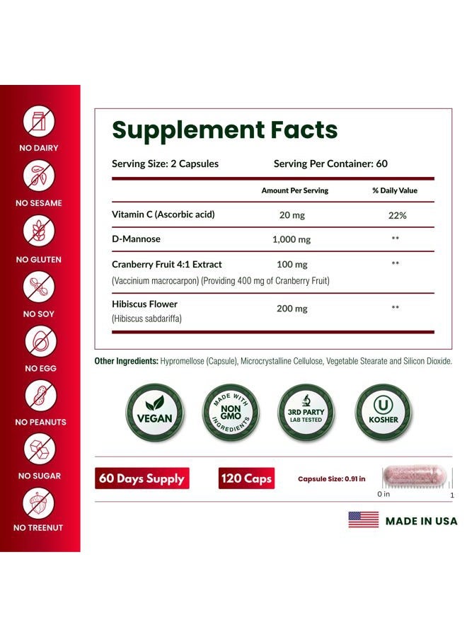ForestLeaf D Mannose 1000mg Capsules - D-Mannose with Cranberry, Hibiscus & VIT C, Urinary Tract Health for Women and Men, DMannose Pills for UTI, Urinary Health & Bladder Support 120 Capsules - Image 5