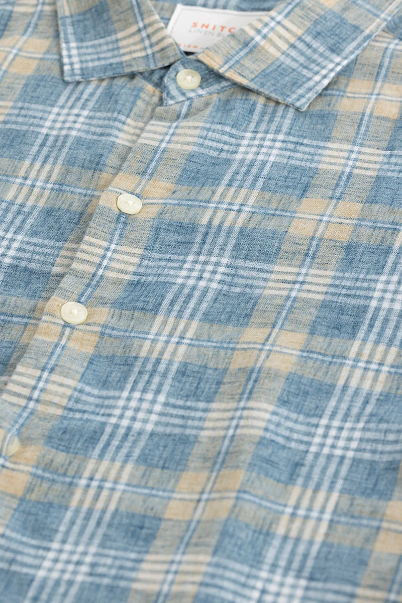 سنيتش Blue Checkered Long Sleeve Slim Fit Shirt