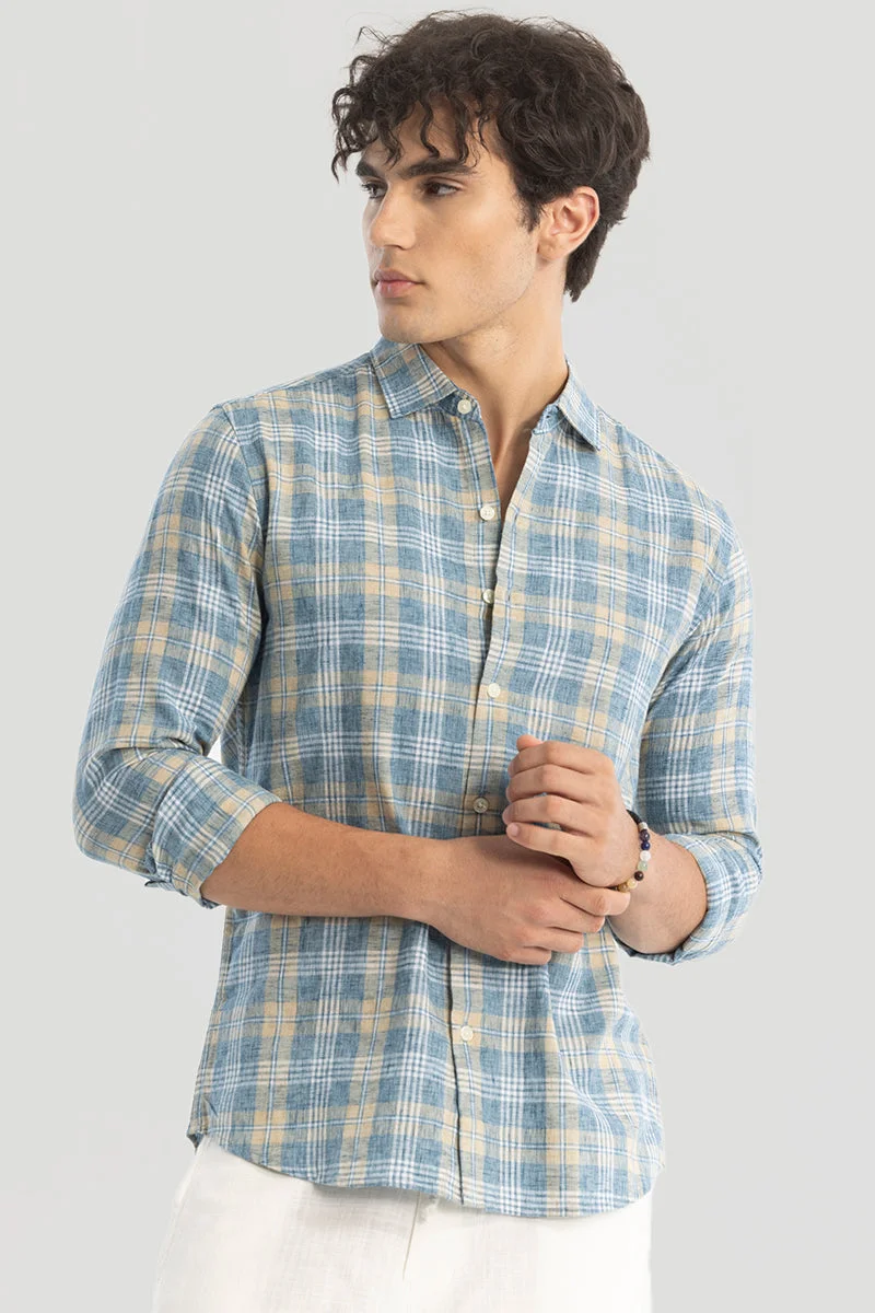 سنيتش Blue Checkered Long Sleeve Slim Fit Shirt