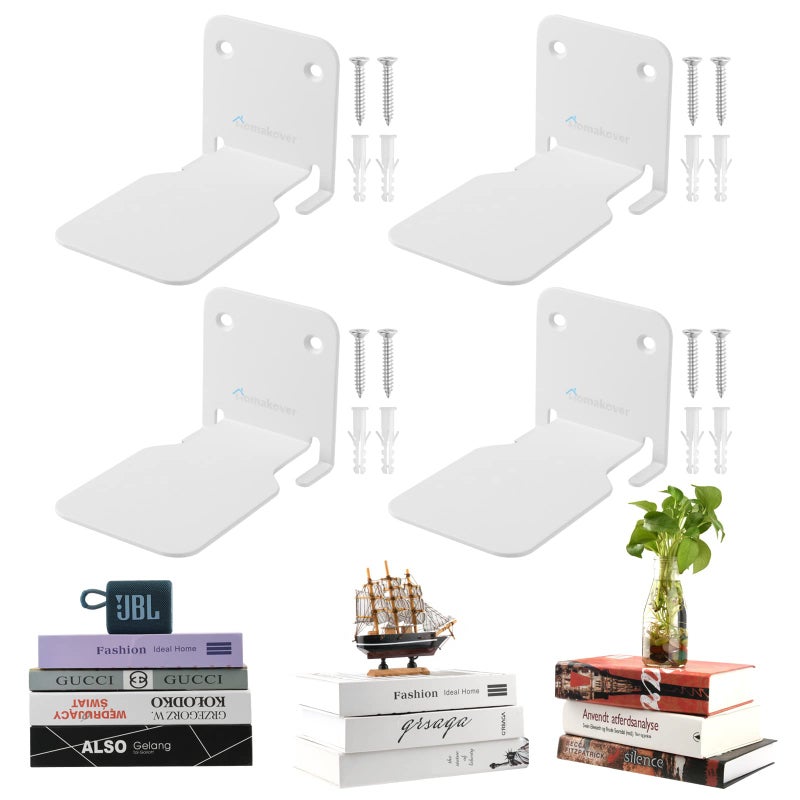 Homakover Invisible Floating Bookshelves HeavyDuty Book Organizers Wall Mounted Bookshelf Iron Storage Shelves for Bedroom Living Room Office Small 4 Pieces White