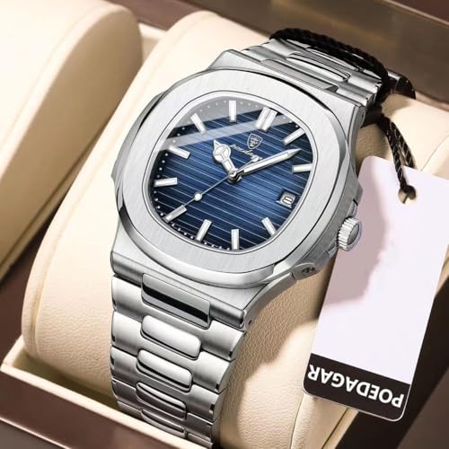 MASTOP Luxury Men Watches Analog Quartz Stainless Steel Luminous Military Square Watches for Men Waterproof Business Classic Desiger Wrist Watch Date (Blue) - Image 2