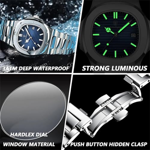 MASTOP Luxury Men Watches Analog Quartz Stainless Steel Luminous Military Square Watches for Men Waterproof Business Classic Desiger Wrist Watch Date (Blue) - Image 4