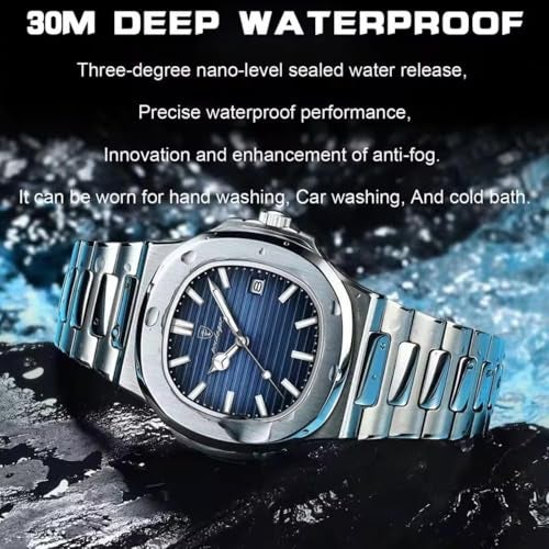 MASTOP Luxury Men Watches Analog Quartz Stainless Steel Luminous Military Square Watches for Men Waterproof Business Classic Desiger Wrist Watch Date (Blue) - Image 5