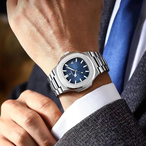 MASTOP Luxury Men Watches Analog Quartz Stainless Steel Luminous Military Square Watches for Men Waterproof Business Classic Desiger Wrist Watch Date (Blue) - Image 3