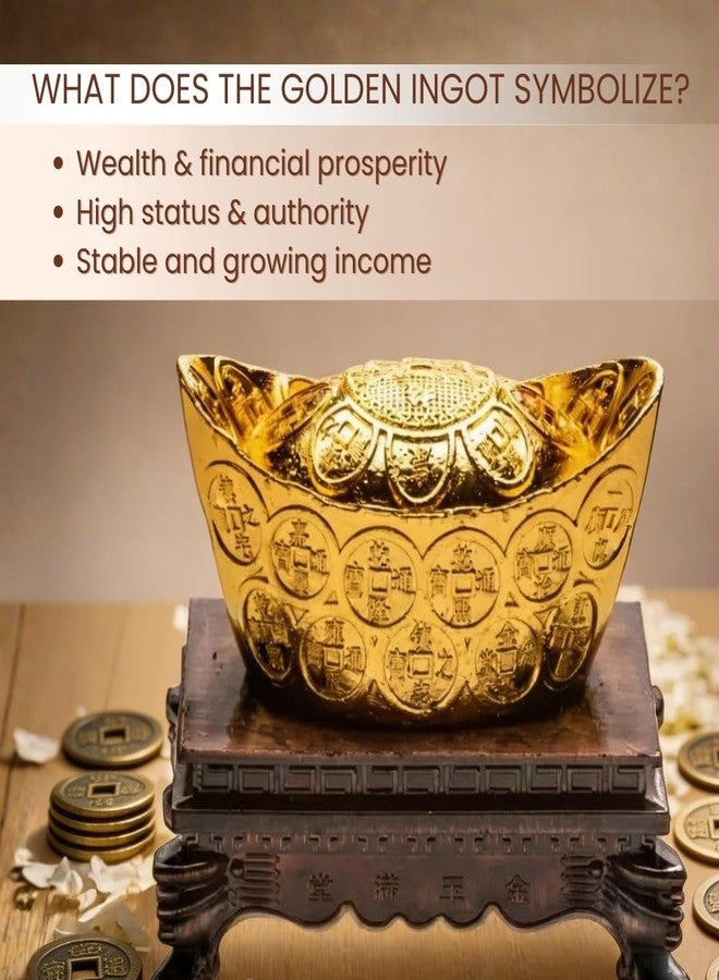 Plus Value سبيكة ذهبية من فنغ شوي مع حامل، قطعة ديكور منزلية رائعة لجلب الحظ والثروة، قطعة فنية صينية من فاستو (2 بوصة، ذهبي)، نحاس - Image 3