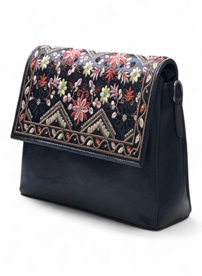DAZZLE PU Leather Embroidery Sling Bag Crossbody Bags For Women PU Leather Leather Elegant Handbag Versatile Shoulder Bags (Black) - Image 1