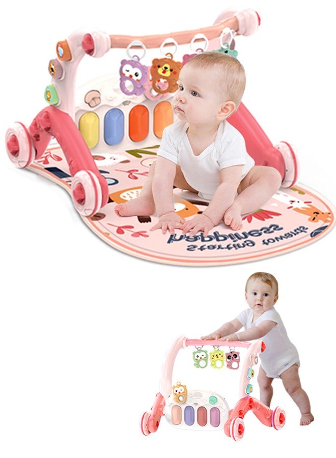 6-in-1 Baby Walker, Multifunctional Baby Play Mat, Baby Gym Mat with Kick-Activated Piano and Hanging Toys for Cognitive and Motor Skills Development, Pink - Image 1