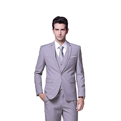 YFFUSHI Men's Slim Fit 3 Piece Suit One Button Blazer Tux Vest & Trousers, Light Grey, Medium - Image 5