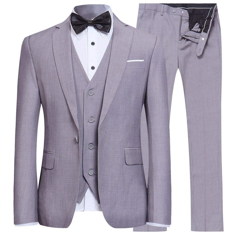 YFFUSHI Men's Slim Fit 3 Piece Suit One Button Blazer Tux Vest & Trousers, Light Grey, Medium - Image 3