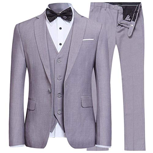 YFFUSHI Men's Slim Fit 3 Piece Suit One Button Blazer Tux Vest & Trousers, Light Grey, Medium - Image 1