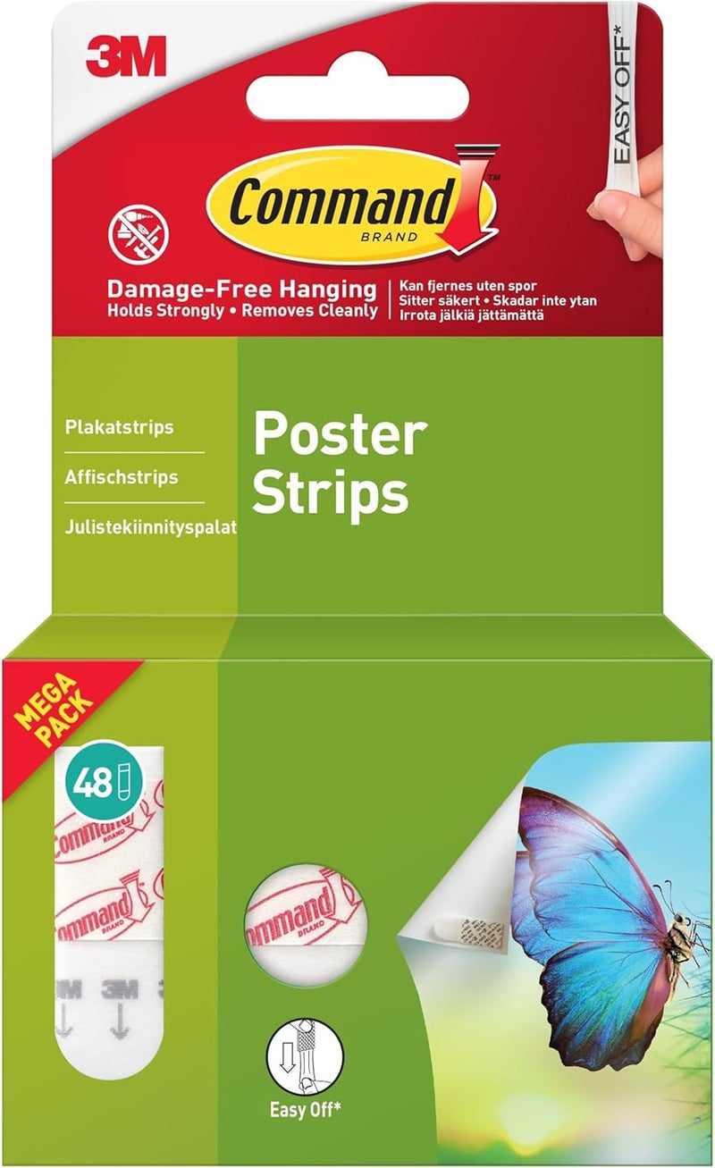 Command Poster Strips, Damage Free Hanging Poster Hangers, No Tools Wall Hanging Strips for Posters, 48 White Adhesive Strips - Image 1