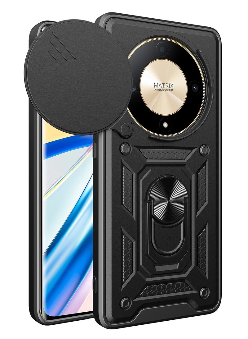 Case Cover Shockproof Windows Protective Case with Camera Protection and Metal Ring Compatible with Honor X9B (Black) - Image 1