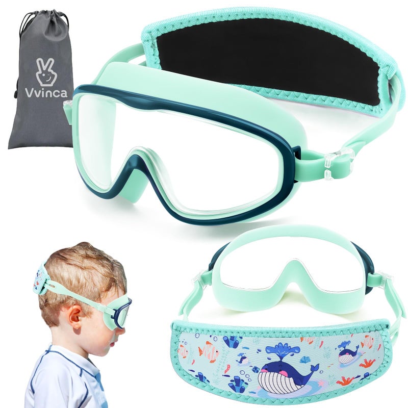 Vvinca Kids Swim Goggles for Age 2-8, Toddler Goggles with Fabric Strap Cover Wide View Anti-Fog/UV Protection No Leak Pain-Free Pool Glasses for Kids Girls Boys - Image 1