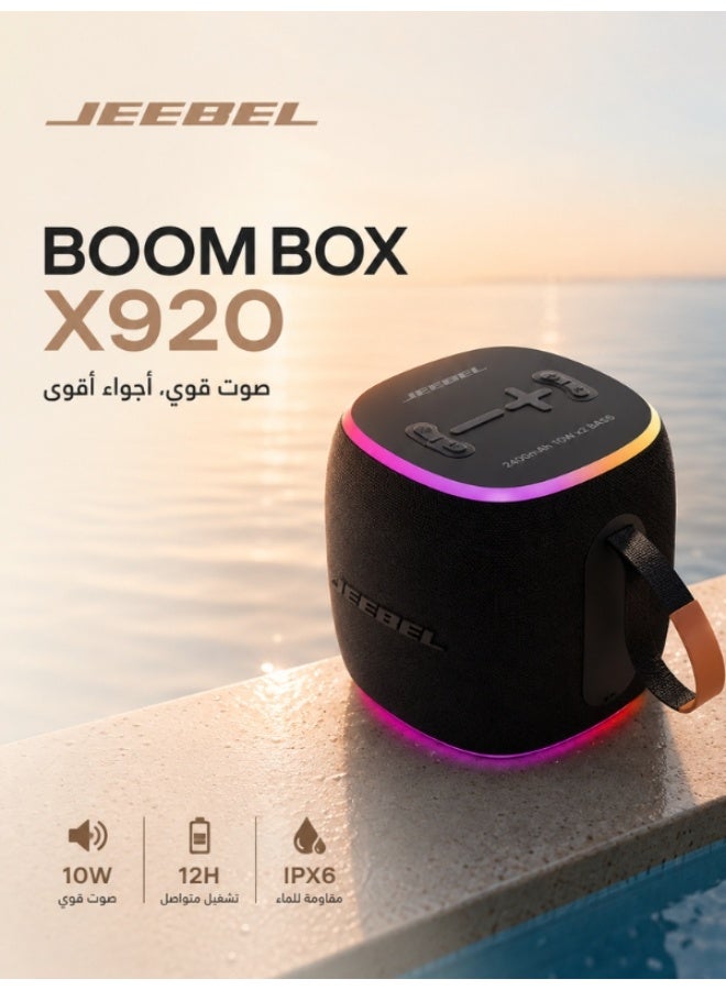 جيبيل سماعة بلوتوث محمولة Jeebel Boom Box X920 – صوت ستيريو 10 واط، بطارية 12 ساعة، إضاءة LED ملونة، مقاومة للماء IPX6 - Image 5