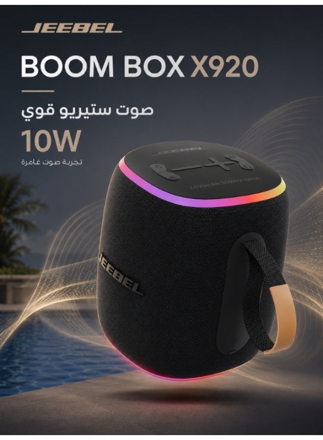 جيبيل سماعة بلوتوث محمولة Jeebel Boom Box X920 – صوت ستيريو 10 واط، بطارية 12 ساعة، إضاءة LED ملونة، مقاومة للماء IPX6 - Image 3
