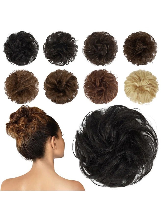 FESHFEN Human Messy Buns - 100% Human Hair Bun Real Scrunchies Hair Pieces Ponytail Extensions Wavy Tousled Updo Chignon Hairpieces for Women, Natural Black - Image 1