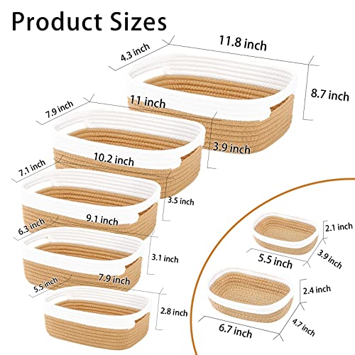 HLWDFLZ 7 Piece Cotton Rope Woven Basket Set - Small Basket for Baby Nursery, Pets, Montessori, Dog & Cat Toy Boxes, Bathroom Organization Bins (White/Jute) - Image 2