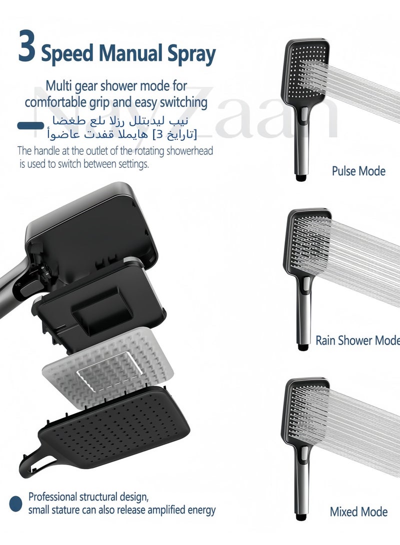 نايزان مجموعة صنابير دش الحمام، دش مطري متعدد الوظائف بأربع وظائف - دش يدوي بثلاثة رشاشات، مسدس رش قابل للسحب، صنبور حوض الاستحمام، قضيب قابل لتعديل الارتفاع، تركيب على الحائط، لون رمادي - Image 4