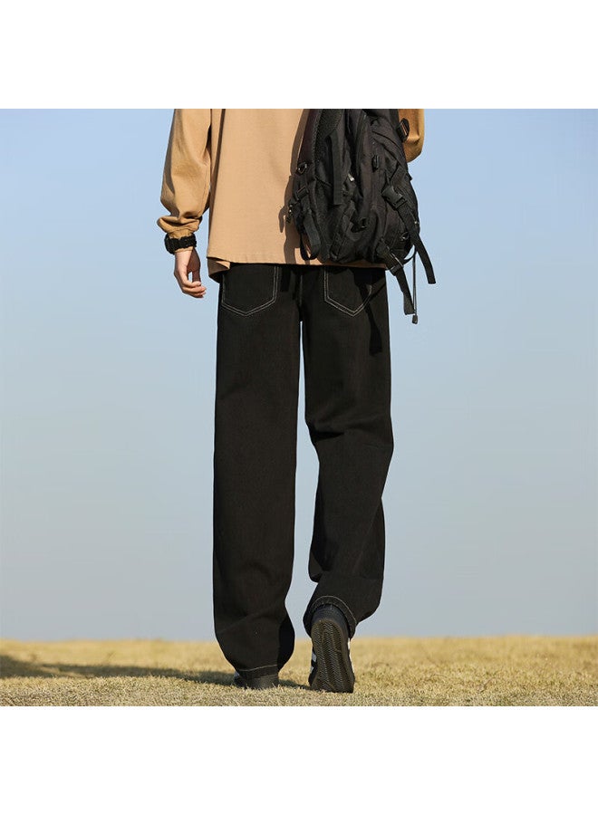Maybeyond Men's Jeans, Autumn And Winter Loose Straight-leg Drawstring Pants, American Casual Wide-leg Trousers, Mn19 Black 3XL - Image 5