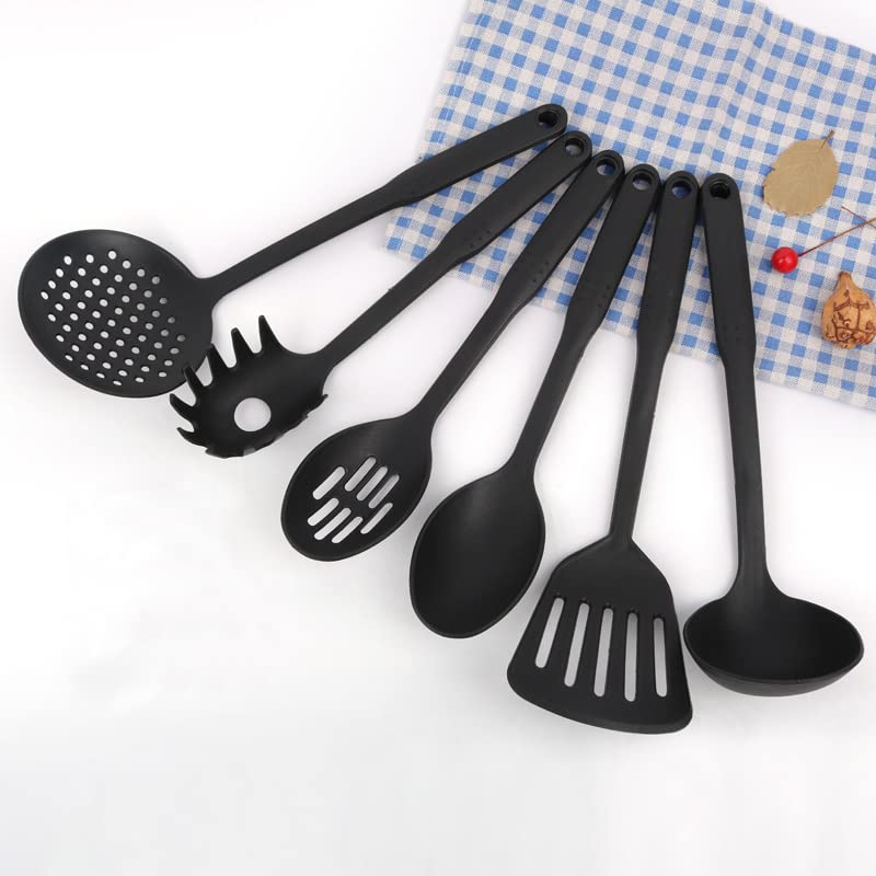 RIVUGJA RIVUGJA Nylon Ladel Kitchen Tool Set of 6Pcs Black Spoons for Non Stick Cookware Spatula Turner Ladle Spaghetti Server Slotted Solid Spoon  - Image 1