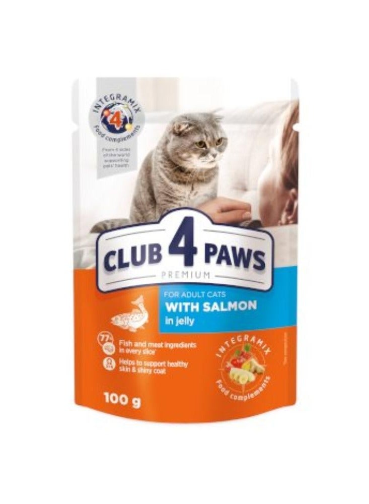 كلوب 4 بوز كلب 4 باوز للقطط البالغة مع السلمون في الجيلي – 100 جم