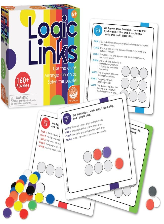 MindWare Logic Links Puzzle Games - Brain Teaser Puzzles for Kids and Brain Games for Adults - 166 Challenging Brain Puzzles, 32 Game Chips - Ages 6+ - Image 1