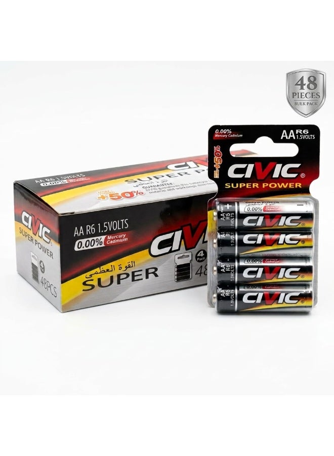 CIVIC AA Batteries, 48 Pack - Long Lasting 1.5V R6 Double A Battery Bulk Pack, 0% Mercury & Cadmium for Everyday Household Devices