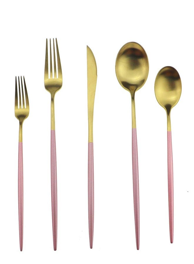 Gugrida Pink Gold Flatware, Royal 5 Piece Matte Pink Handle 18/10 Stainless Steel Tableware Sets for 1 Including Forks Spoons Knives, Camping Silverware Travel Utensils Set Cutlery (Pink Gold) - Image 2