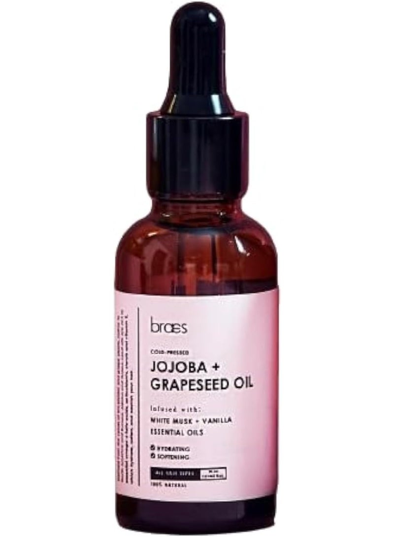 Jojoba + Grapeseed Oil | 100% Natural Facial & Hair Oil Blend | Lightweight, Fast-Absorbing Moisturizer | Nourishes Skin, Strengthens Hair & Promotes a Healthy Glow |Pressed & Non-Greasy