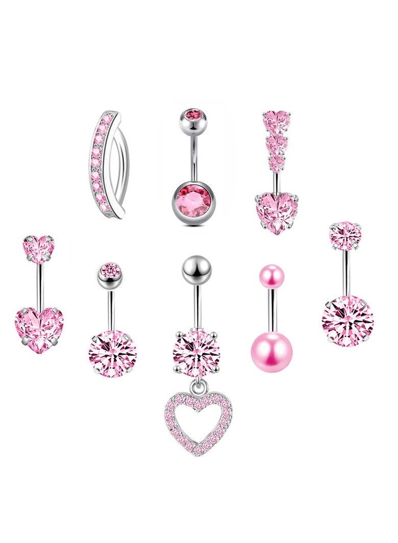 إينوشا مجموعة إبر سرة 8 قطع من الاستانلس ستيل الوردي القصير - مرصعة بزركون وبتصميم قلب لامع - Image 1