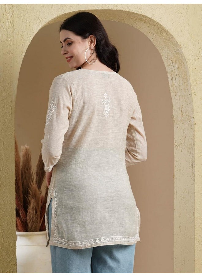 ADA - Ada Hand Embroidered Lucknowi Chikankari Straight Khadi Cotton Short Kurti Top for Women A911388 Fawn (M) - Image 1
