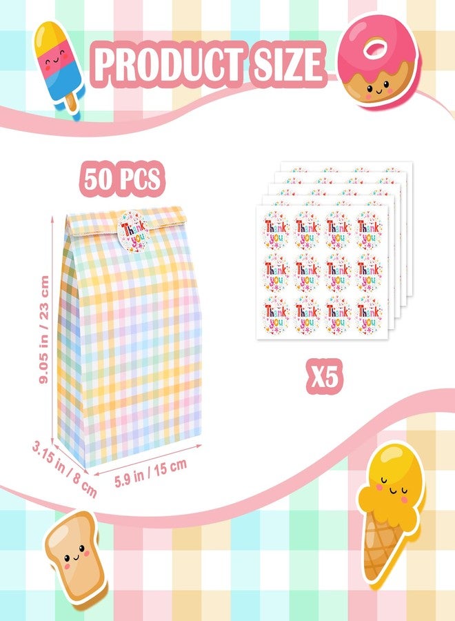 PHOGARY 50pcs Paper Gift Bags Bulk, Colorful Plaid Party Favor Bags, Small Gift Bag with 60 Thank You Stickers, Treat Sweet Candy Goodie Bag for Birthday Party, Baby Shower, Festivals - Image 2